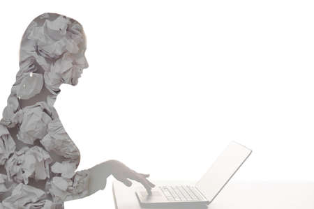 Double exposure silhouette. Remote job. Freelancer lifestyle. Crumpled paper texture outline profile portrait of woman working with laptop isolated on white copy space background.の写真素材