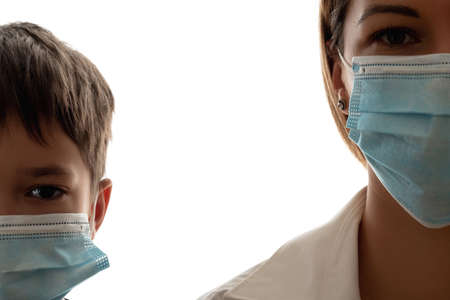 Air pollution. Virus protection. Psychology disorder. Lockdown depression. Mother with son in...