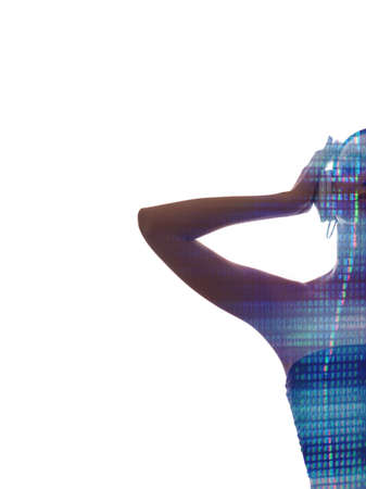 Double exposure silhouette. Cyber party. Electronic music. Iridescent liquid crystal glitch in half...