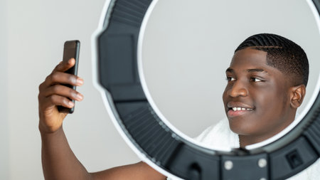 Morning selfie. Blogger black man. Hygiene grooming. Perfect face care. Everyday routine. Happy...