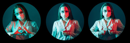 Medical approval. Doctor portrait collage. Quality healthcare. Good job. Circle frame avatar of satisfied female physician in face mask in red blue neon light isolated on black set of 3.の写真素材