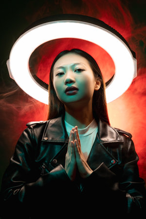 Cyberpunk people. Spiritual portrait. Future faith. Blue neon light art portrait of Asian prayer girl in black leather jacket namaste with white halo in red color smoke on dark.の写真素材