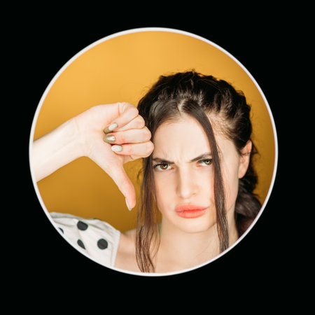 Dislike gesture. Skeptic woman portrait. Refusal sign. Wrong choice. Displeased unhappy disappointed...