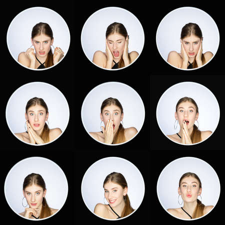 Emotion collage. Face collection. Mood series. Positive and negative feelings. Portrait of angry...