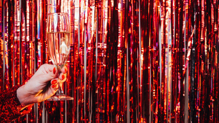 Party toast. Happy birthday. Holiday celebration. Advertising background. Elegant female hand holding glass of champagne on festive sparkle shimmering silver red cascade curtain copy space.の写真素材