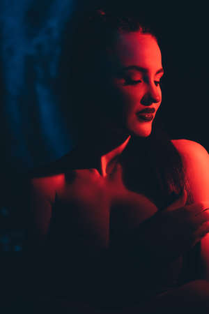 Seductive beauty. Feminine nature. Silhouette portrait. Glamour model. Sensual elegant woman bright makeup posing in dark shadow red blue neon light glow blur.の写真素材