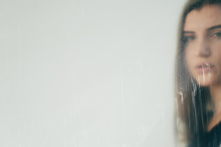 Emotional blockages. Social phobia. Feelings detachment. isolation. Defocused portrait of sad unsure woman behind polythene film on light out of focus copy space background.の写真素材