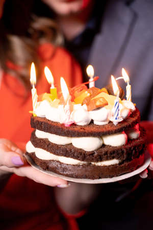 Birthday cake. Surprise party. Happy b-day. Festive congratulation. Sweet greeting. Unrecognizable...