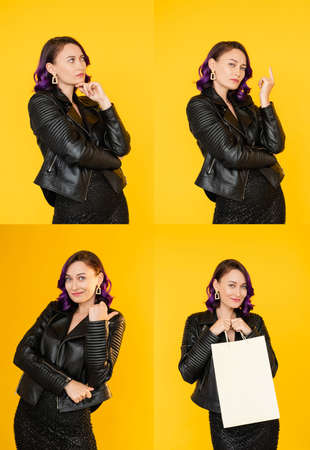 Shopping proposition. Female collage portrait. Black friday. Hot sale. Pretty wonder woman thinking over choosing best price holding purchase bag isolated yellow.の写真素材