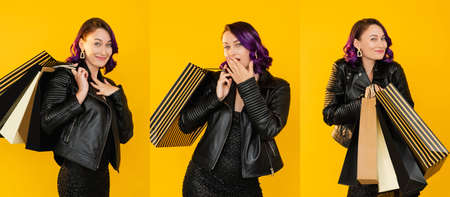 Hot sale. Pleased woman. Shopping collage. Black friday. Festive discount. Happy surprised lady...