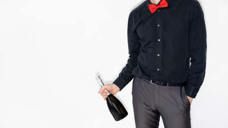 Alcohol celebration. Party banner. Holiday booze. Corporate event drink. Unrecognizable business man...