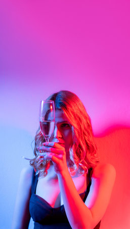 Party drink. Disappointed woman. Boring holiday. Unhappy celebration. Depressed lady black dress curly hair looking through champagne glass isolated blue red neon light.の写真素材