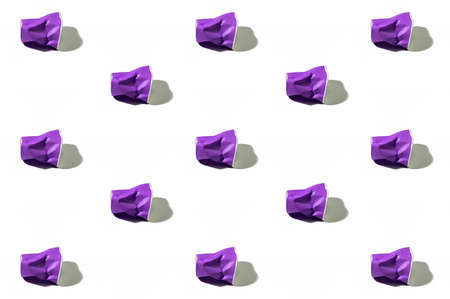 Cups pattern. Trash background. Plastic pollution. Set of purple abstract minimalist recyclable...