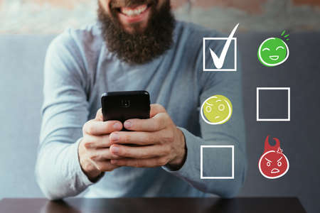 mobile survey positive feedback satisfied userの写真素材