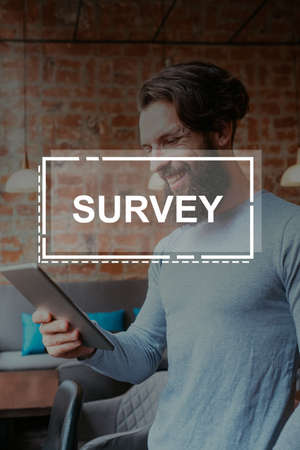 virtual survey satisfied customer client tabletの写真素材