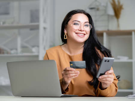 online payment happy woman corporate order