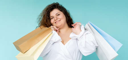 shopping banner happy curvy woman black fridayの写真素材