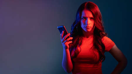 phone scam cyberbullying banner woman neon light