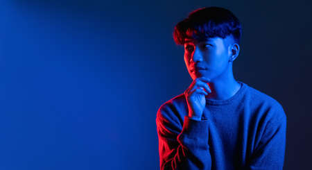 thoughtful man idea banner bright blue neon lightの写真素材