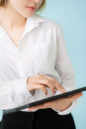 Educational courses. Office woman. Check information. Unrecognizable elegant lady studying notes on...