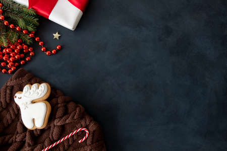 Merry Christmas. Greeting card. Festive composition. Sweet gingerbread deer cookie on cozy warm knitted sweater gift box decorative arrangement on dark textured copy space background.の写真素材