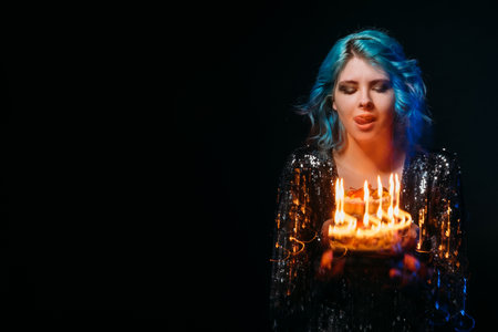 Birthday cake. Candy woman. Holiday bakery. Festive celebration. Pleased lady blue hair holding...