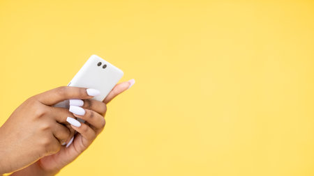 Mobile banner. Phone shopping. Gadget technology. Closeup of black woman hands using cell isolated...