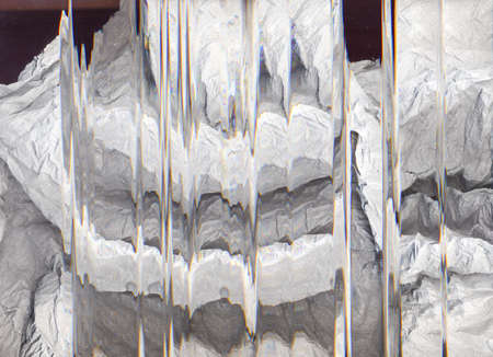 Glitch texture. Digital distortion. Bitcoin blockchain. Static noise stripes on white crumpled used...