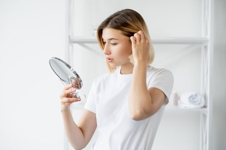 Hair care. Beauty treatment. Morning routine. Attractive young woman touching healthy soft locks looking in mirror in light bathroom.の写真素材