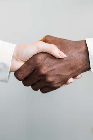 Diverse handshake. Gender equality. International partnership. Deal agreement. Closeup of...