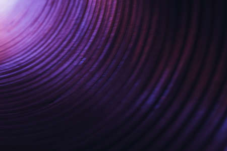 Blur neon background. Curved texture. Glowing fluorescent tunnel. Defocused purple pink color gradient light reflection on dark bent lines pattern abstract overlay.の写真素材
