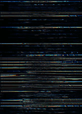 Glitch noise texture. Distortion overlay. Bad quality transmission. Blue orange lines pattern artifacts on dark black abstract poster.の写真素材