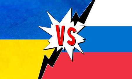 Ukraine vs Russia. International conflict. National border issue. Opposition crisis. Blue yellow...