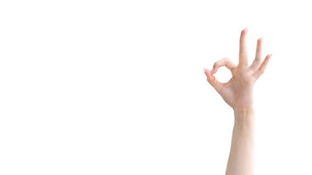 Okay gesture. Perfect choice. Satisfaction acceptance. Female hand showing OK agree yes sign...