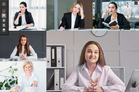 Online interview. Video conference. Distance presentation. Collage of female HR manager team...