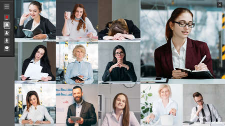 Video meeting. Business webcast. Distance interview. Screenshot of female CEO employee team working on project online in virtual home office.の写真素材