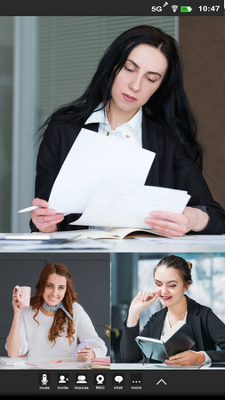 Mobile conference. Video call. Professional webcast. Screenshot of female business team working on project online in virtual office.の写真素材