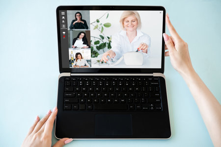 Women video call. Virtual meeting. Modern business life. Distance communication. Female friends...