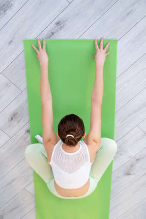 Pilates practice. Body workout. Active leisure. Unrecognizable flexible fit woman in sportswear training back muscles doing stretch exercise on yoga mat at home.の写真素材