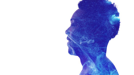 Creative mind. Talent imagination. Bright consciousness. Double exposure profile silhouette of...