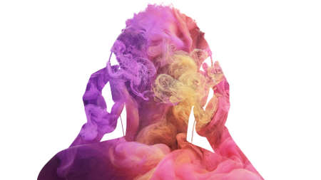 Sound inspiration. Creative music. Double exposure back view color male silhouette in headphones...