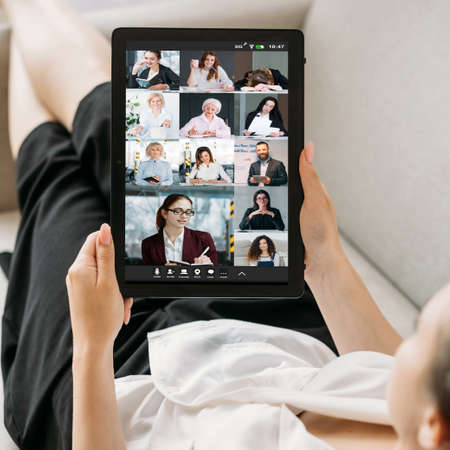 Business web course. Group video call. Distance learning. Webinar chat. Relaxed student watching...