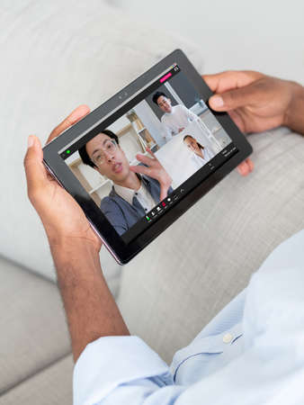 Video conference. International cooperation. Remote communication. Diverse business team working...