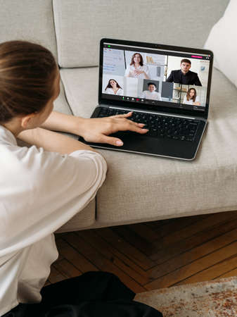 Distance learning. Business web course. Video class. Webinar chat. Diverse students watching female...