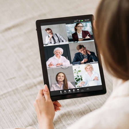 Online teamwork. Group video chat. Corporate teleconference. Business colleagues discussing project...