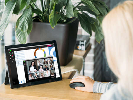 Web conference. Video meeting. Virtual presentation. Business team discussing financial report...