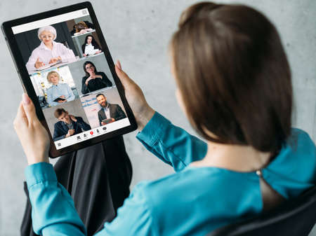 Work video call. Virtual conference. Professional web cooperation. Female executive discussing...
