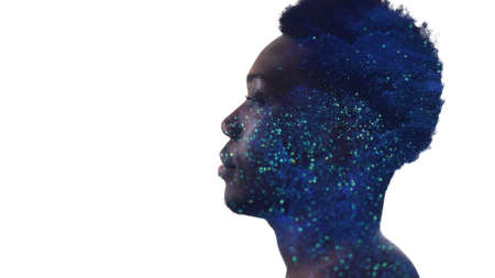 Artificial intelligence. AI memory. Information knowledge. Double exposure profile silhouette of man...