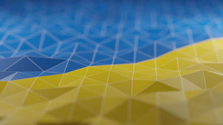 Triangle texture. Ukraine flag colors. Ukrainian national symbol. Defocused blue yellow polygonal structure modern trend abstract geometric art background cg design 3d illustration.の写真素材