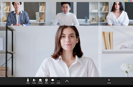 Virtual meeting. Webinar view. Screen mockup. Female coach having online conference with two men and...
